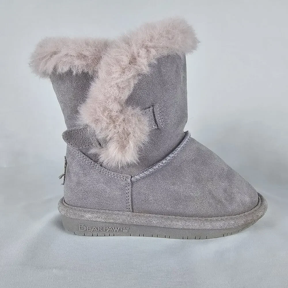 Bearpaw Betsey Girls Youth Size 11 Grey Suede Faux Fur Trim Winter Ankle Boots